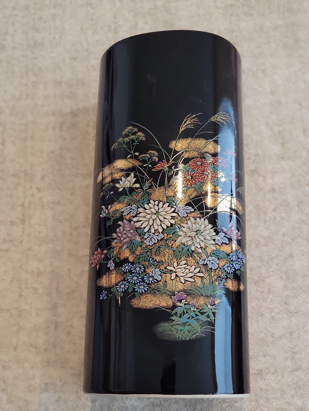 Black Vase With Golden Rim, Floral Imagry, Used Condition